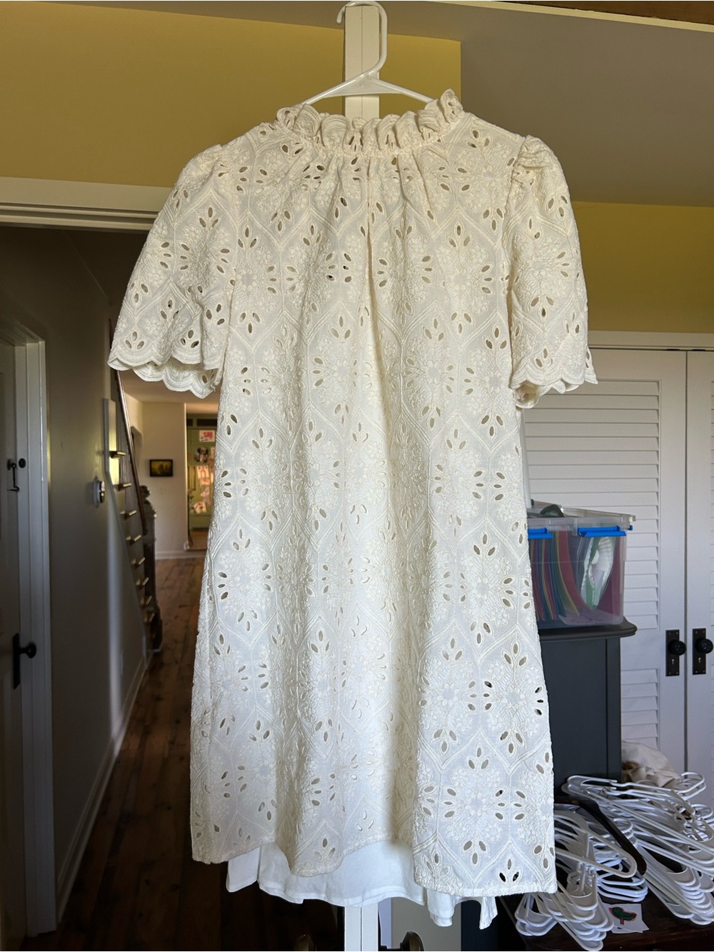Sezane Cream Eyelet Lace Short Sleeve Dress